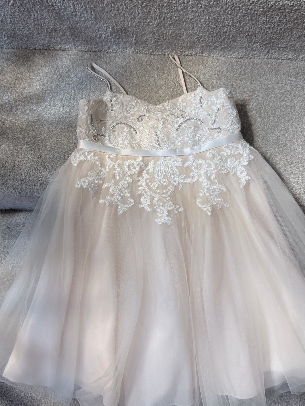 EUC David’s Bridal Girls Ivory Beige Lace Tulle Rhinestone Flower Girl Dress